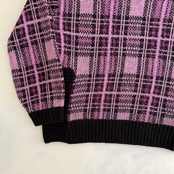 Nine West Purple & Black Plaid Knit Balloon Sleeve Mock Turtleneck Sweater - Picture 6 of 8